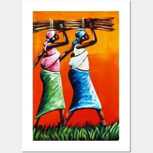 African Women Carrying Wood with Children, Black History Art Posters and Art